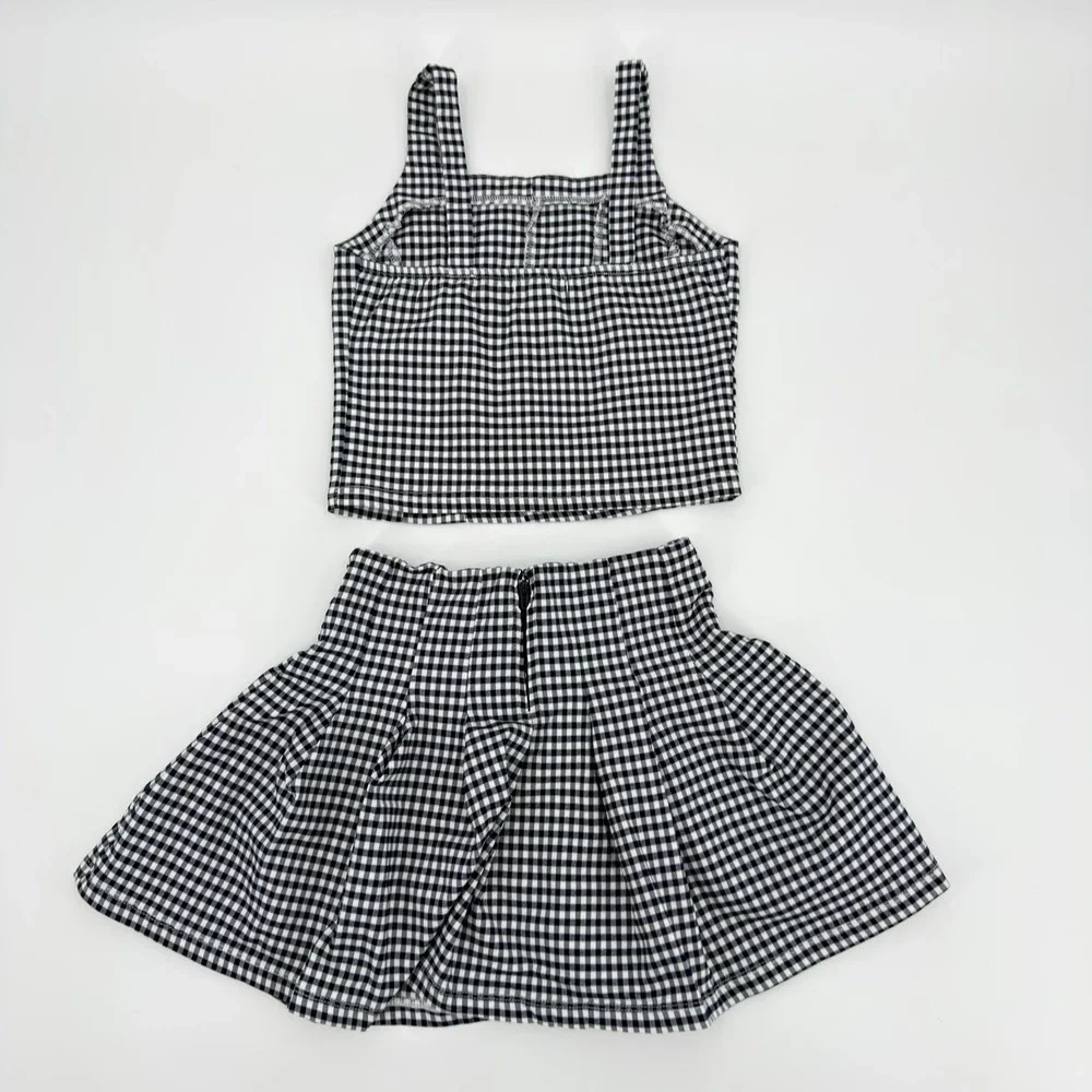 Full Tilt Kids Black White Gingham 2 Piece Crop Top and Pleated Skirt Set Large